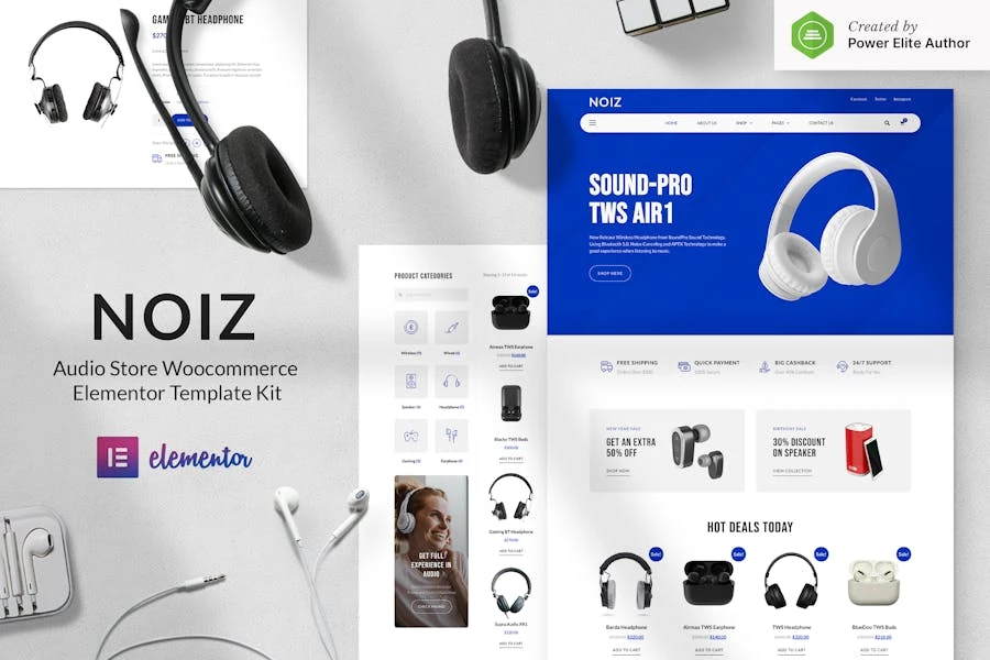 Noiz – Template Kit WooCommerce Elementor para tienda de audio