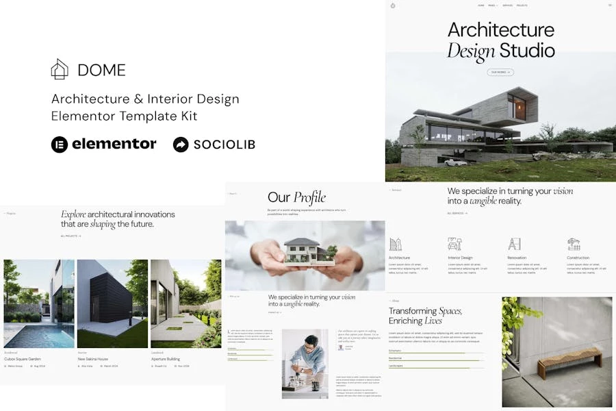 Dome – Kit de plantillas Elementor de arquitectura y diseño de interiores