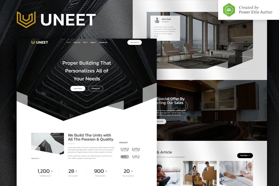 Uneet — Kit de plantillas Elementor de bienes raíces para apartamentos y propiedades individuales