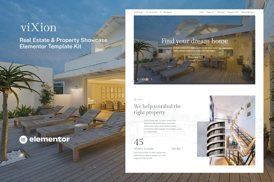 Vixion – Template Kit Elementor para escaparate inmobiliario y inmobiliario