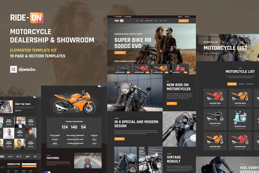 Ride ON – Template Kit Elementor de WordPress para concesionarios de motocicletas