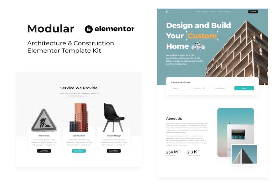 Modular: Template Kit Elementor para arquitectura y construcción