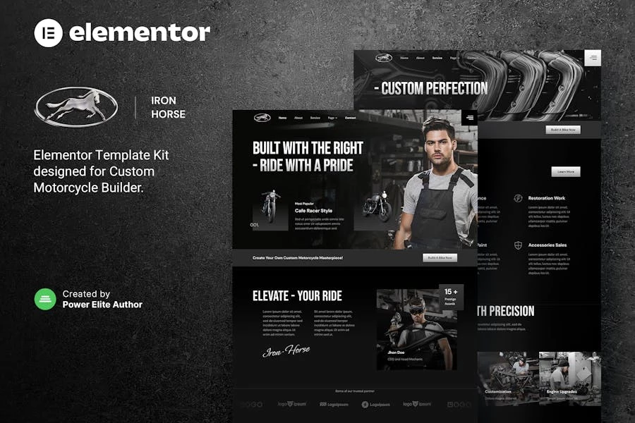 Iron Horse — Template Kit Elementor personalizado para constructores de motocicletas