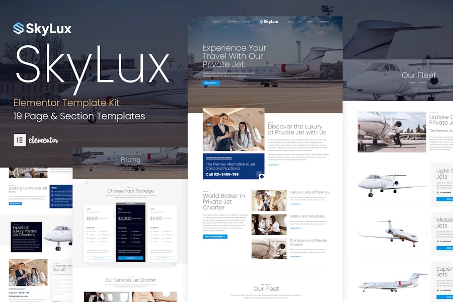 Skylux – Template Kit Elementor para empresas de alquiler de aviones y aviones privados