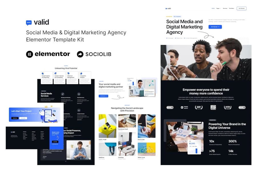 Valid: Kit de plantillas Elementor para agencias de marketing digital y redes sociales