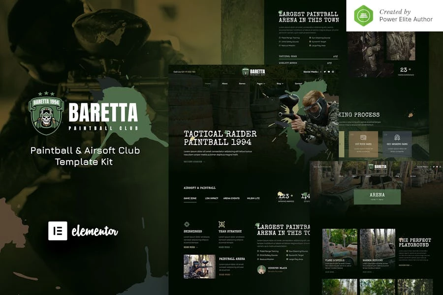 Baretta — Kit de plantillas Elementor para clubes de paintball y airsoft