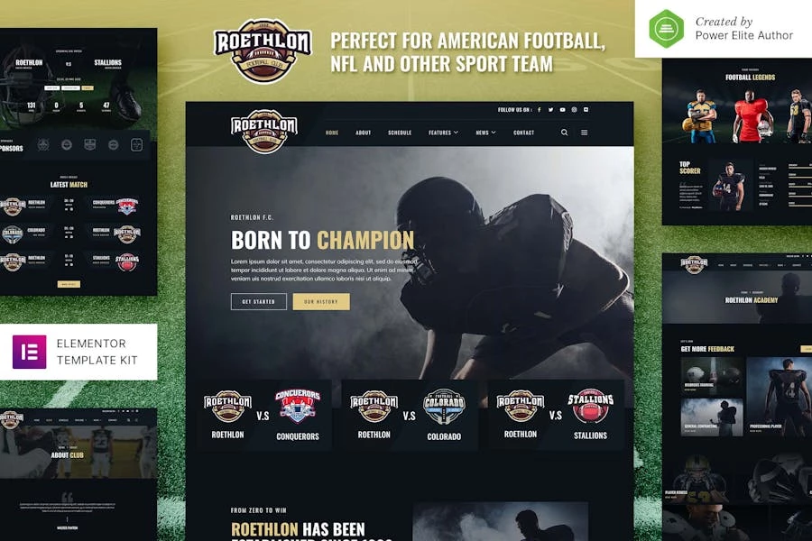 Roethlon — Kit de plantillas Elementor de fútbol americano y NFL