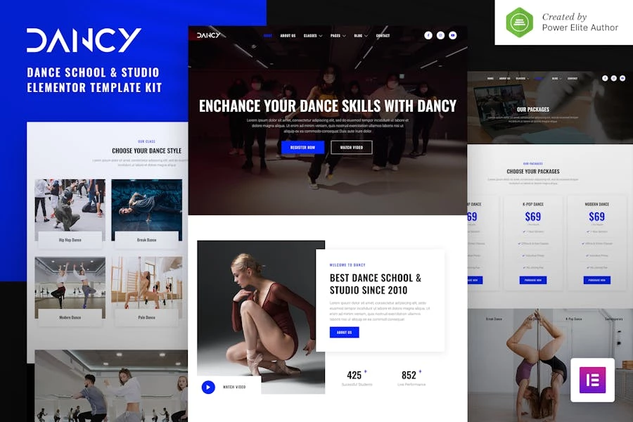 Dancy — Kit de plantillas Elementor para escuela de baile y estudio