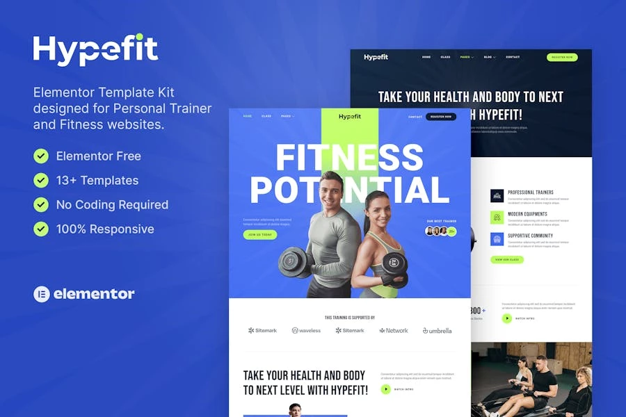 Hypefit — Kit de plantillas de entrenador personal y Elementor de acondicionamiento físico