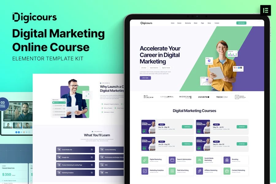 Digicours – Template Kit Elementor para cursos en línea de marketing digital