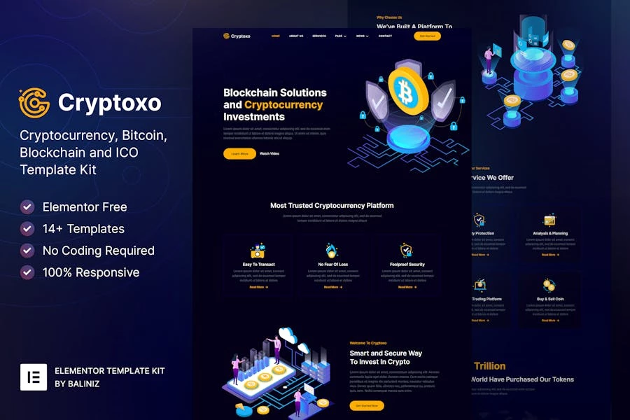 Cryptoxo – Template Kit de blockchain de criptomonedas y Bitcoin Elementor