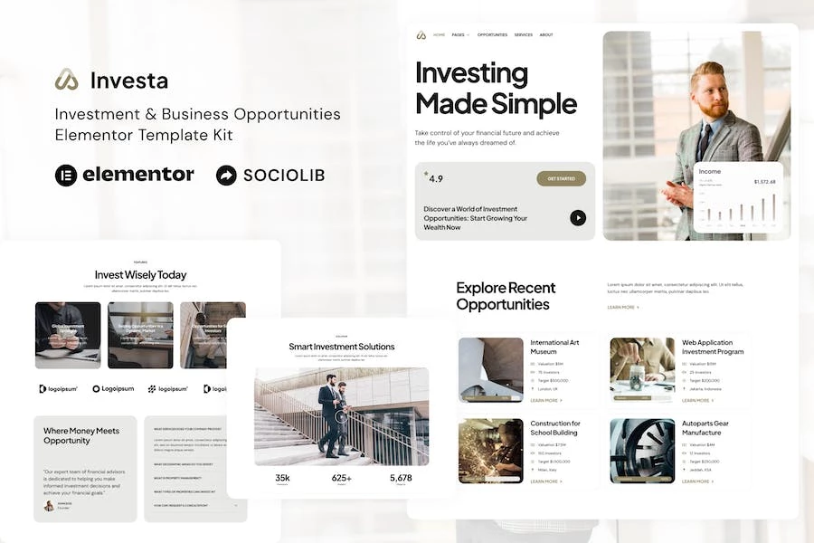 Investa – Kit de plantillas Elementor para oportunidades de inversión y negocios
