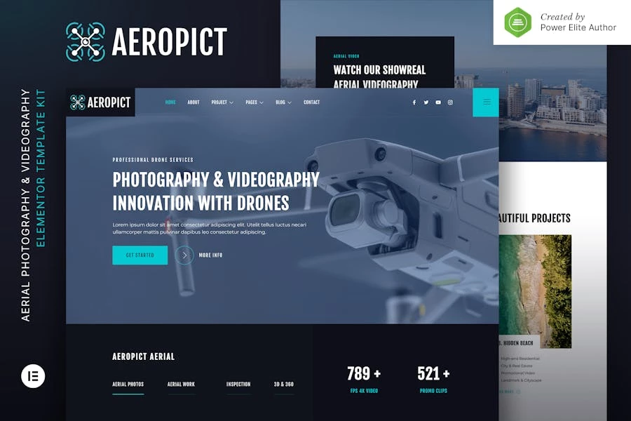 Aeropict — Kit de plantillas Elementor para fotografía aérea y videografía con drones