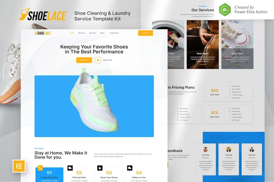 Shoelace — Kit de plantillas Elementor para servicio de limpieza y lavandería de zapatos