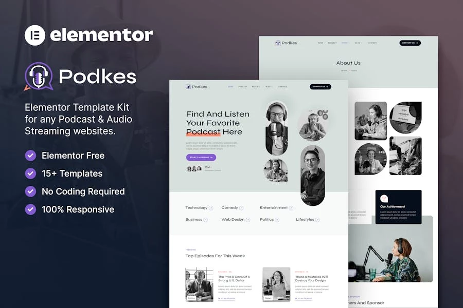 Podkes – Template Kit Elementor para podcast y transmisión de audio