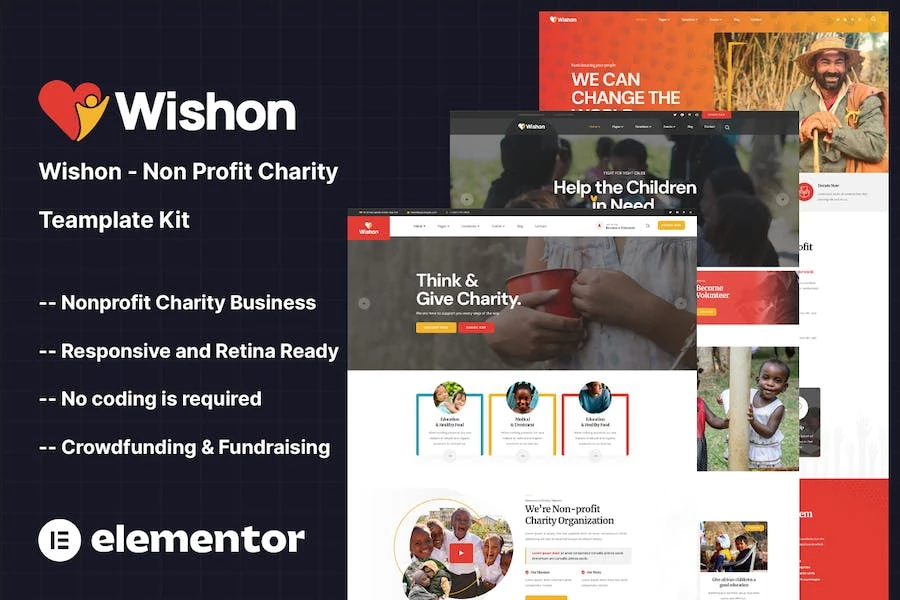 Wishon – Kit de plantillas Elementor para organizaciones benéficas sin fines de lucro