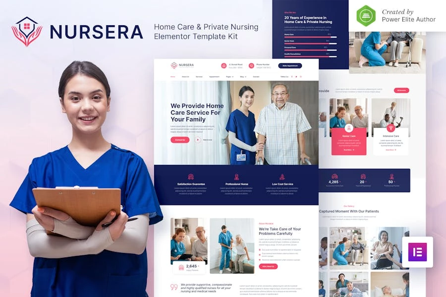 Nursera – Template Kit Elementor para servicios de enfermería privados y cuidados en el