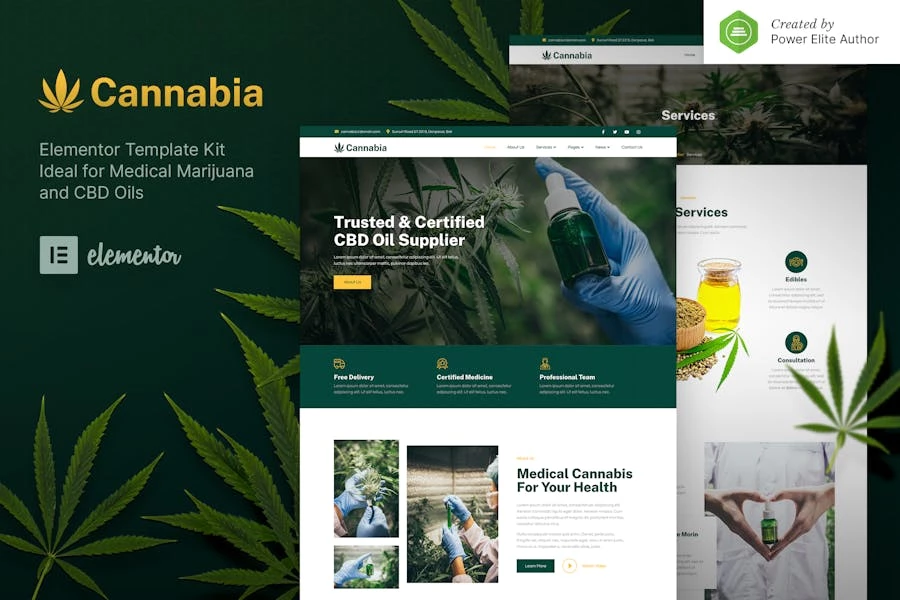 Cannabia — Kit de plantillas Elementor de marihuana medicinal y aceite de CBD