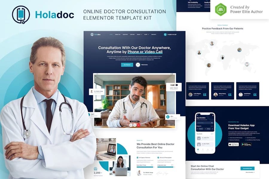 Holadoc — Kit de plantillas Elementor para consultas médicas en línea