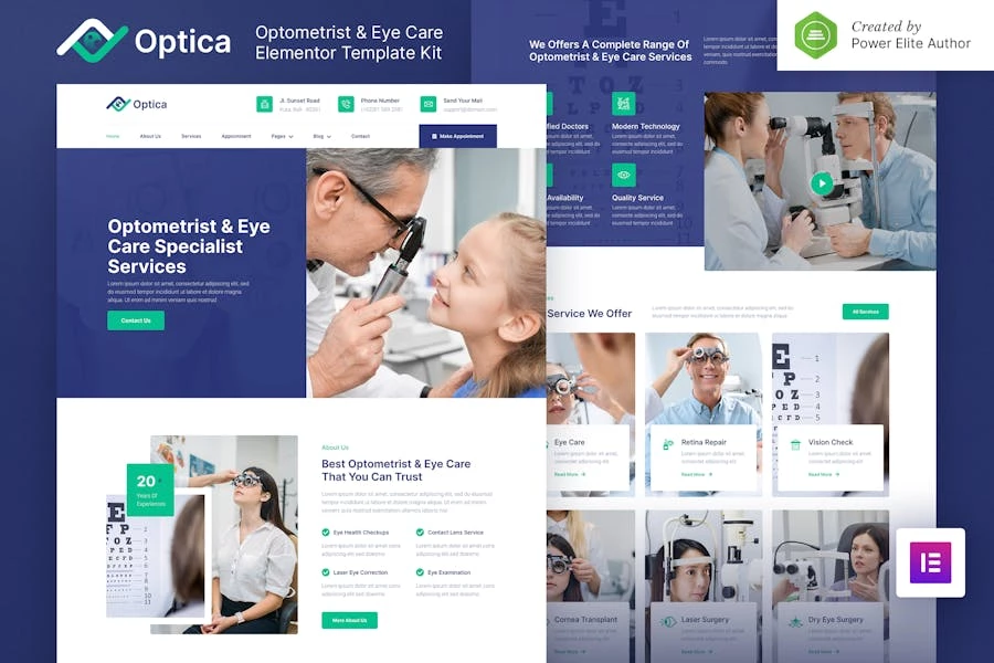 Optica — Kit de plantillas Elementor para optometristas y cuidado de los ojos