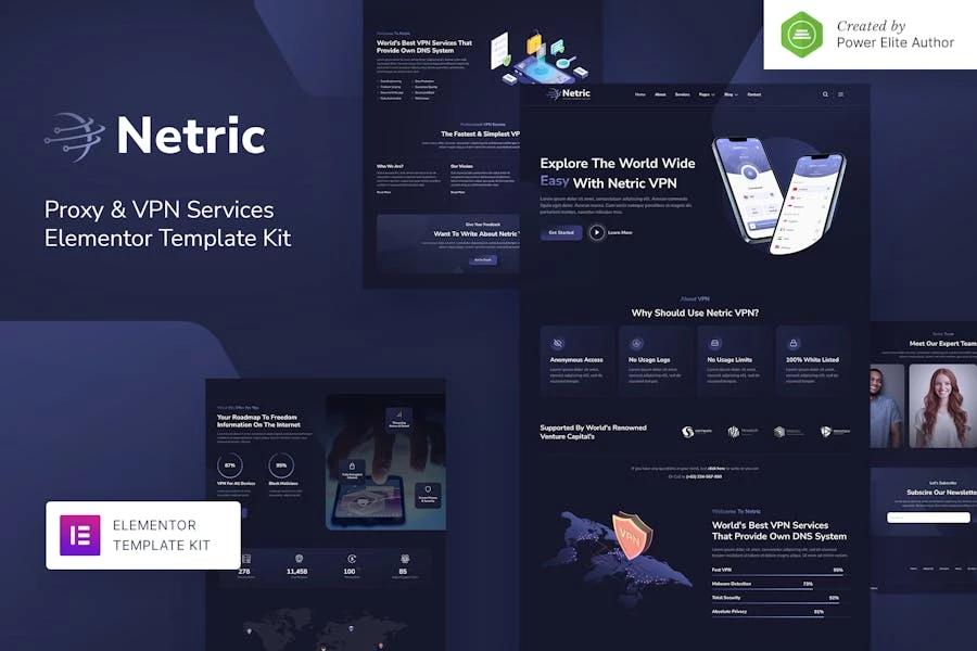Netric – Template Kit Elementor de servicios proxy y VPN