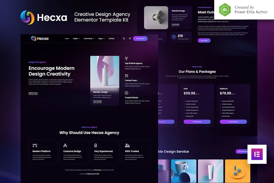 Hecxa — Kit de plantillas Elementor para Agencia de Diseño Creativo