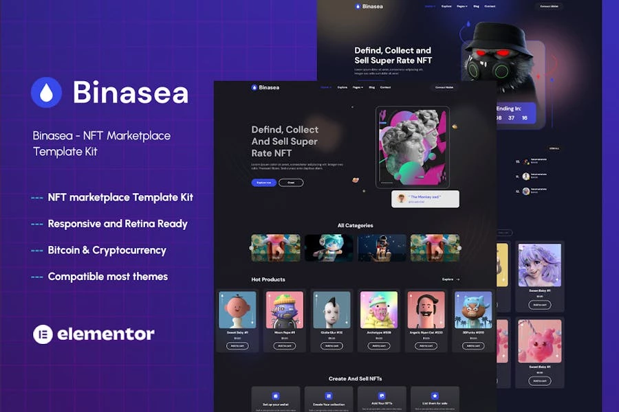 Binasea – Template Kit Elementor de NFT Marketplace