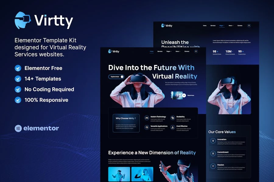 Virtty — Template Kit Elementor para servicios de realidad virtual