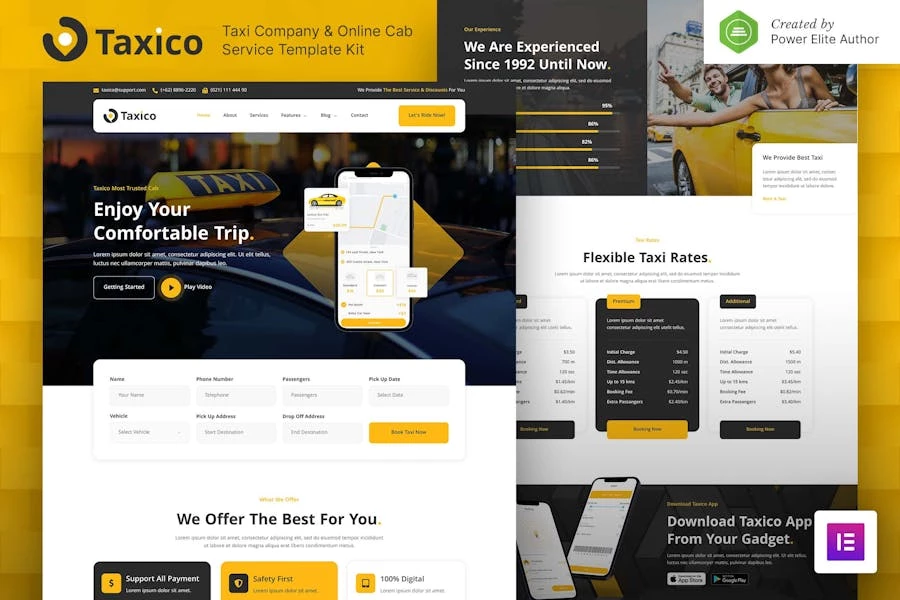 Taxico — Kit de plantillas Elementor para compañías de taxis y servicios de taxis en línea