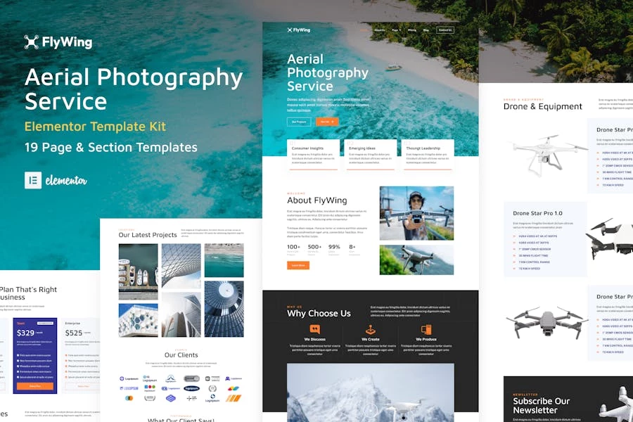 FlyWing – Template Kit de WordPress Elementor para fotografía y vídeo aéreo de Zumbido