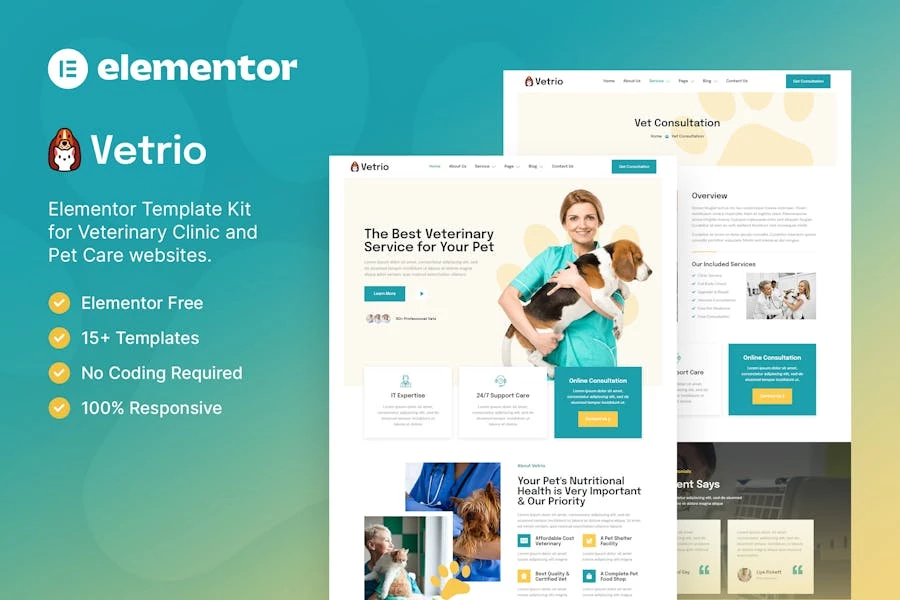 Vetrio – Template Kit Elementor para clínica veterinaria y cuidado de mascotas