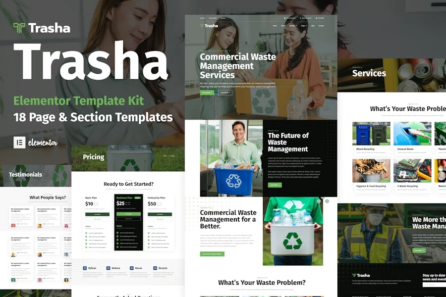 Trasha – Template Kit Elementor para el servicio de gestión y reciclaje de residuos