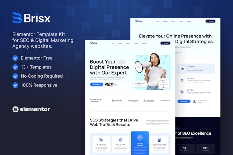 Brisx — Kit de plantillas Elementor para agencias de SEO y marketing digital