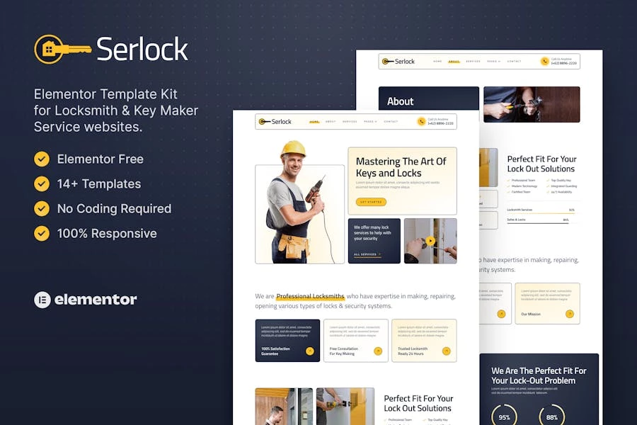 Serlock — Kit de plantillas Elementor para el servicio de fabricantes de llaves y cerrajeros