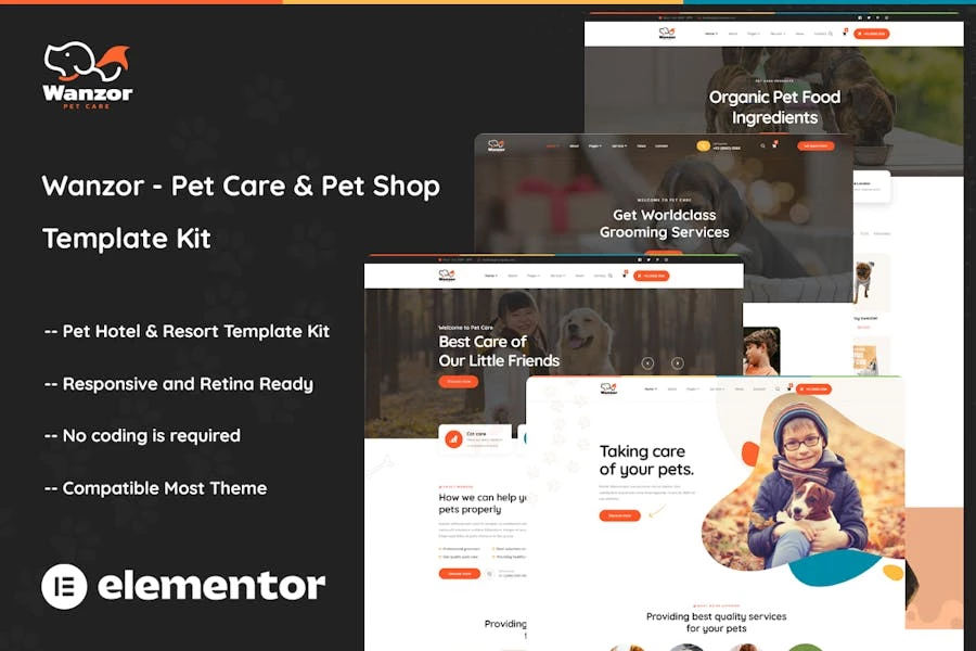 Wanzor – Kit de plantillas Elementor Pro para cuidado y tienda de mascotas