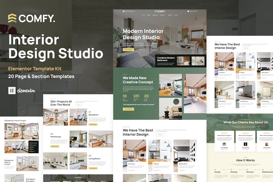 Comfy – Template Kit Elementor de WordPress para estudio de diseño de interiores y arquitectura