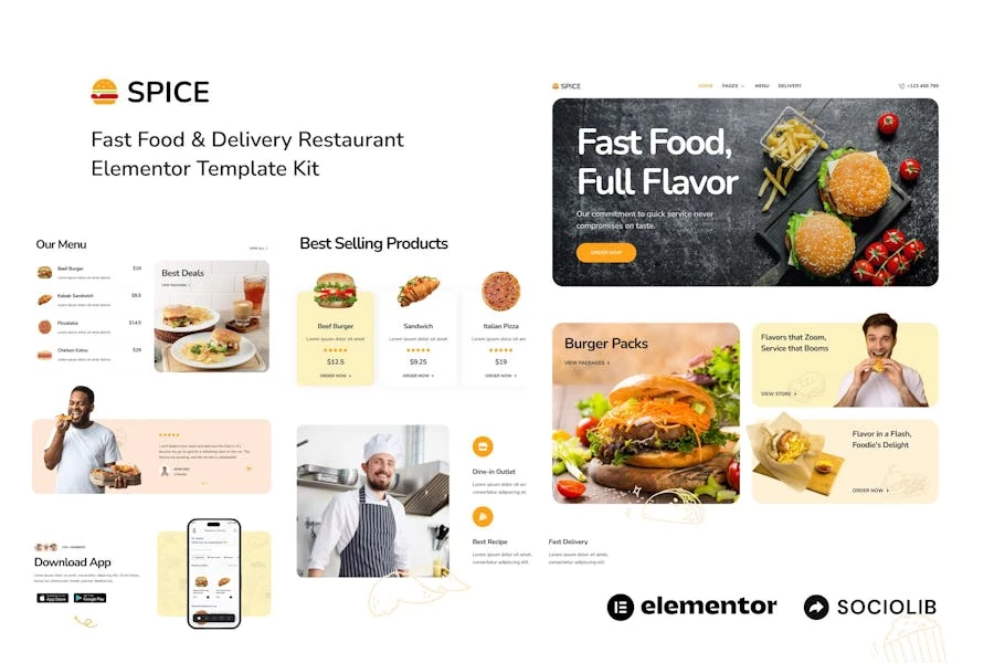 Spice – Kit de plantillas Elementor para restaurantes de comida rápida y entrega a domicilio