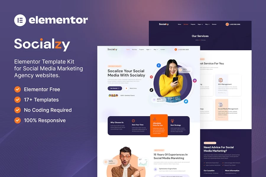 Socialzy – Template Kit Elementor para agencia de marketing en redes sociales