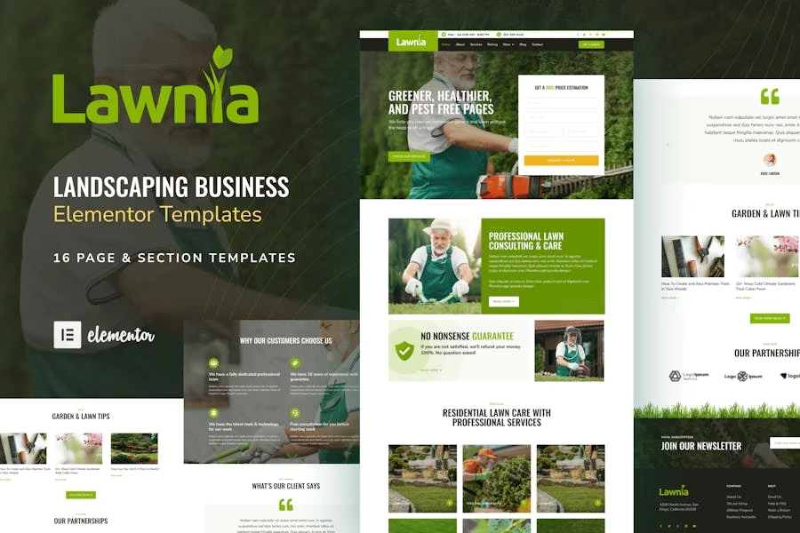 Lawnia – Kit de plantillas Elementor para negocios de jardinería y paisajismo