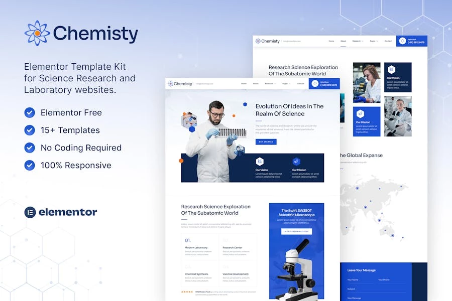 Chemisty — Kit de plantillas Elementor para investigación científica y laboratorio