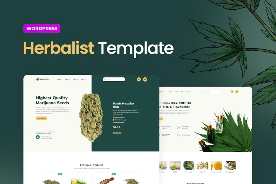 Herbalist — Template Kit Elementor para tienda de marihuana medicinal