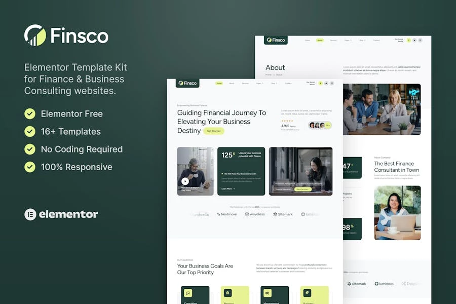 Finsco — Kit de plantillas Elementor para consultoría financiera y empresarial
