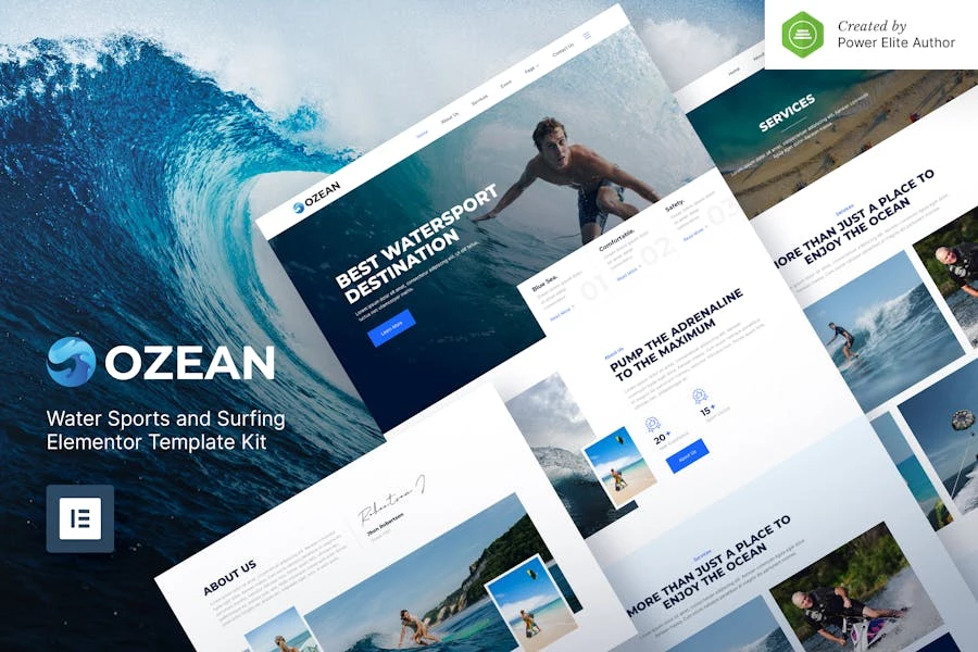 Ozean — Kit de plantillas Elementor para deportes acuáticos y surf