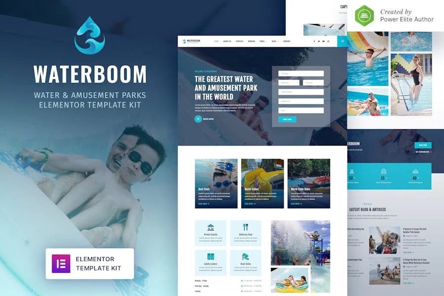 Waterboom — Kit de plantillas Elementor para parques acuáticos y de atracciones