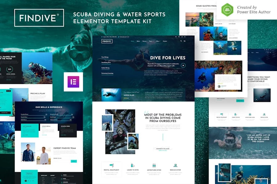 Findive — Kit de plantillas Elementor para buceo y deportes acuáticos