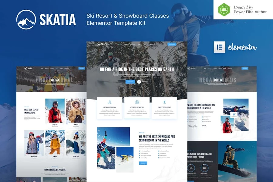 Skatia – Kit de plantillas Elementor para estaciones de esquí y clases de snowboard