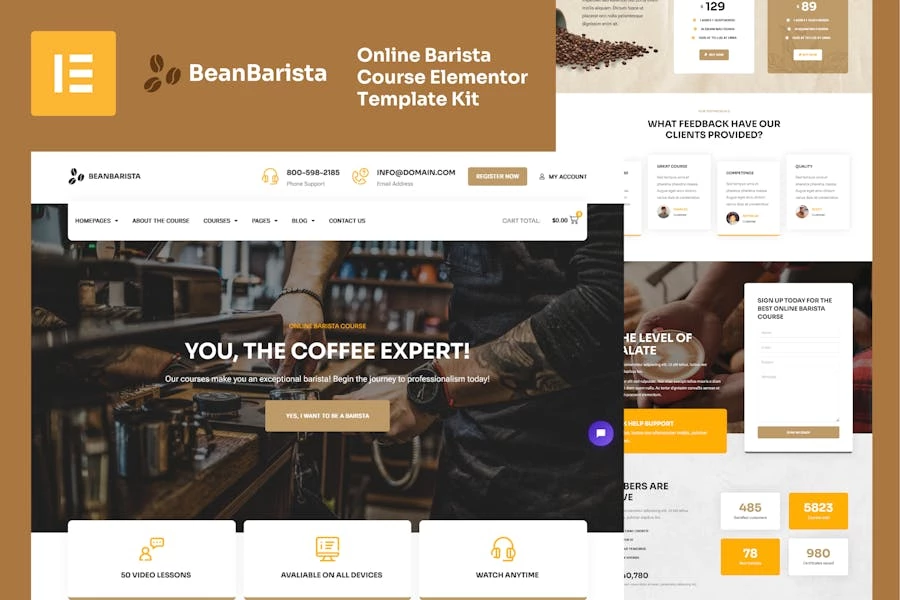 Bean Barista – Template Kit Elementor para cursos de barista en