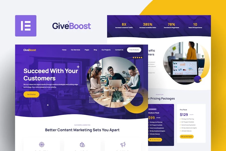 GiveBoost – Kit de plantillas Elementor para agencias de marketing digital