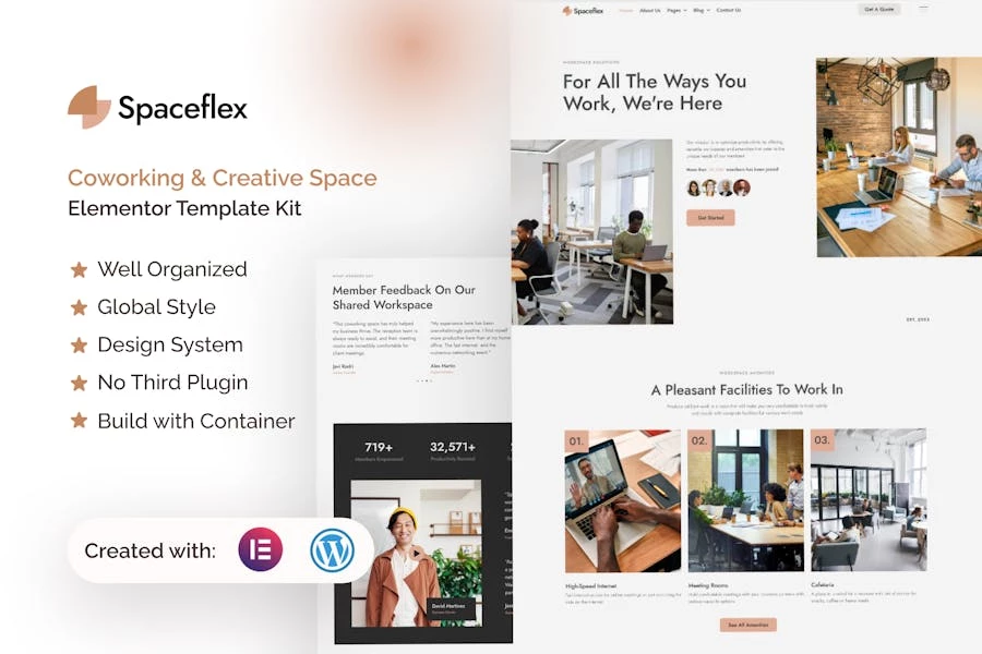 SpaceFlex – Kit de plantillas Elementor Pro para espacios creativos y de coworking
