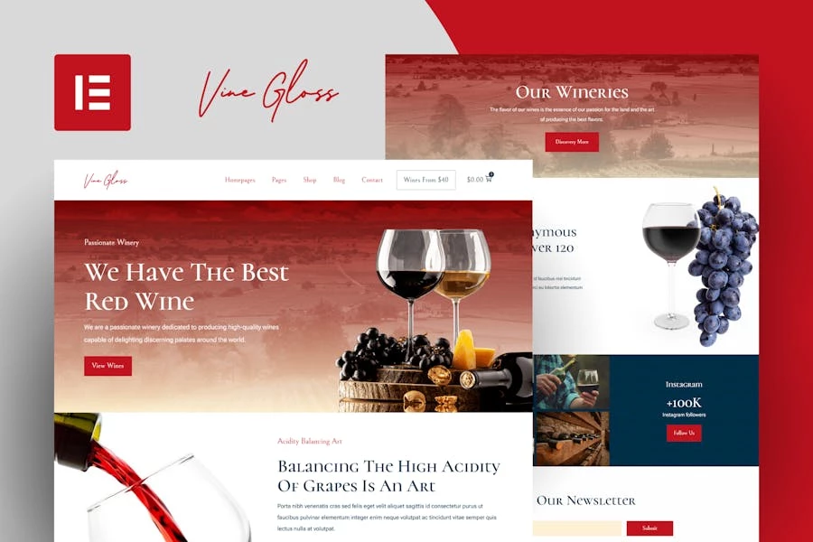 Vine Gloss – Template Kit para tienda de vinos y viñedo Elementor